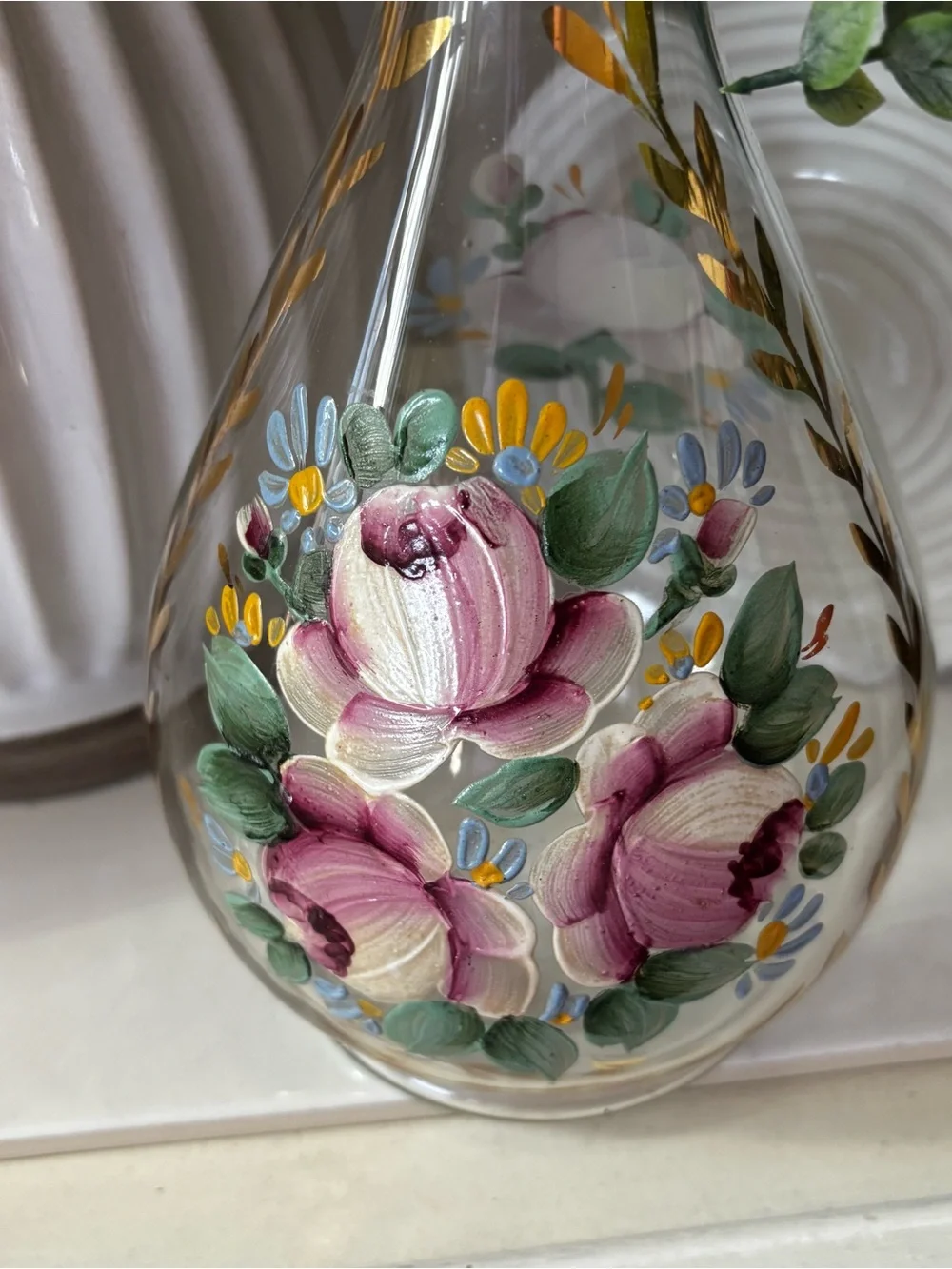 Vintage Mid-century Hand Painted Decanter Pink Roses